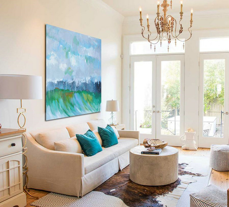 Large Abstract Art Handmade Painting,Oversized Abstract Landscape Oil Painting,Hand Painted Acrylic Painting,Gray,Green,Dark Blue.etc